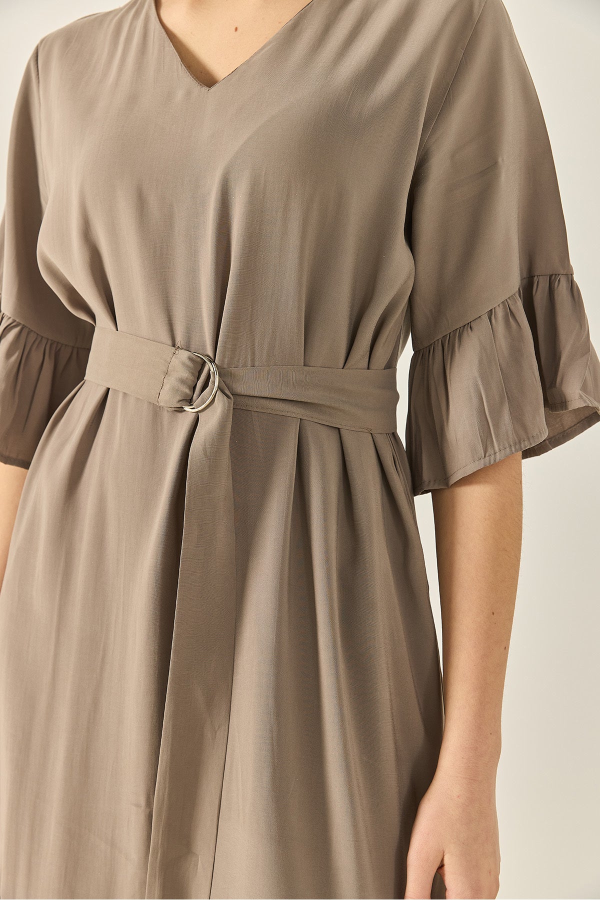 Women's V-Neck Pocket Belted Skirt Flounce Detailed Casual Dress 8406 60283256