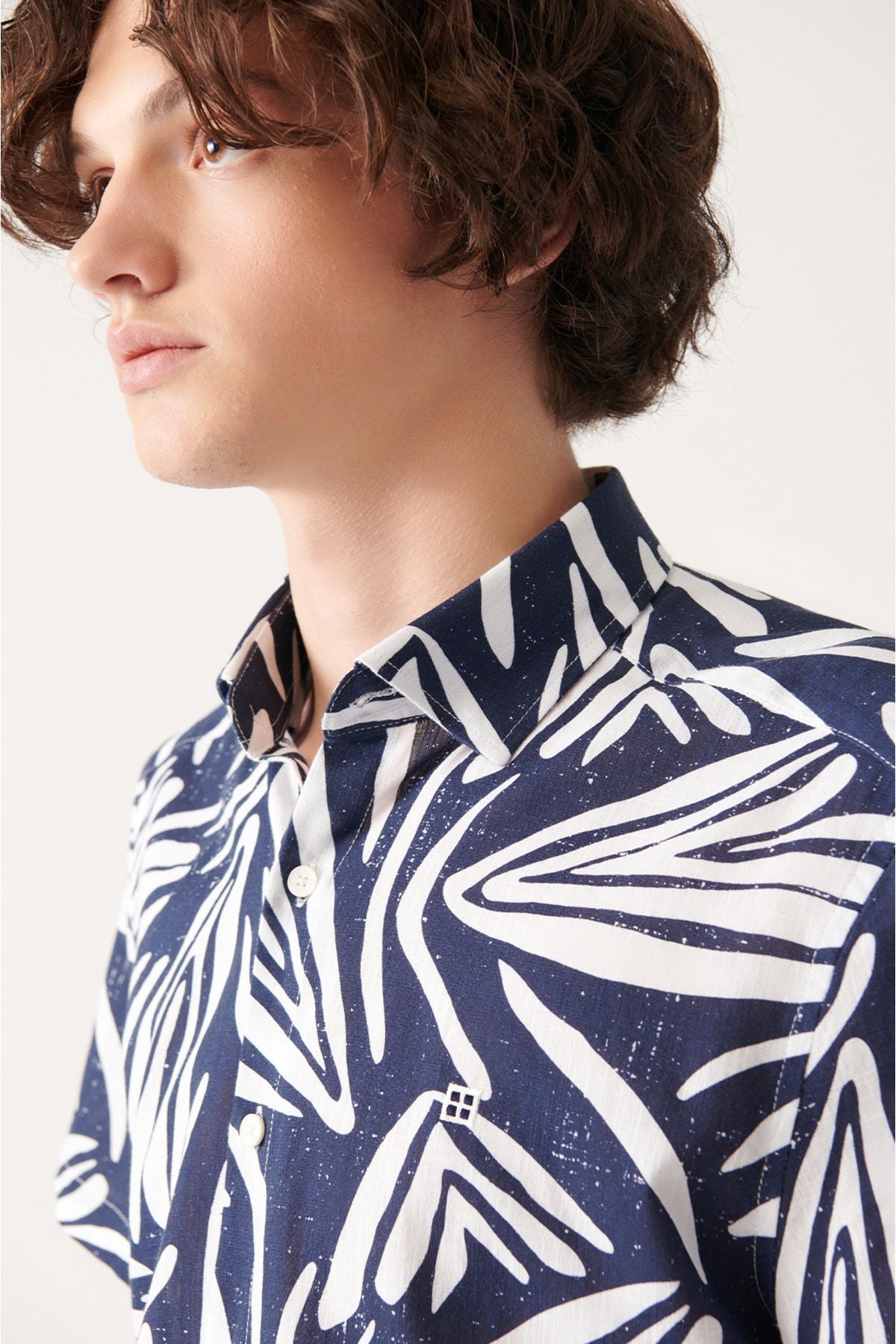 Men's Navy Blue 100 %Cotton Printed Short Sleeve Shirt A31y2240