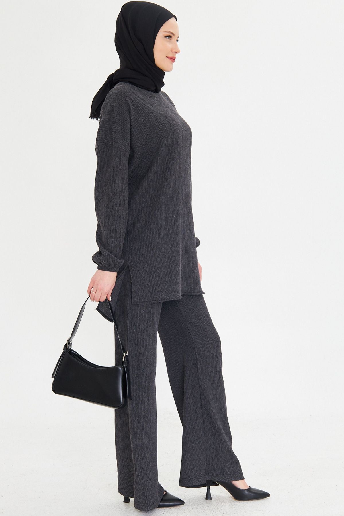 Woman Smoked Zero Yaka Arm Tire Side Slit Trousers Hijab Binary Set ARM-25K001109