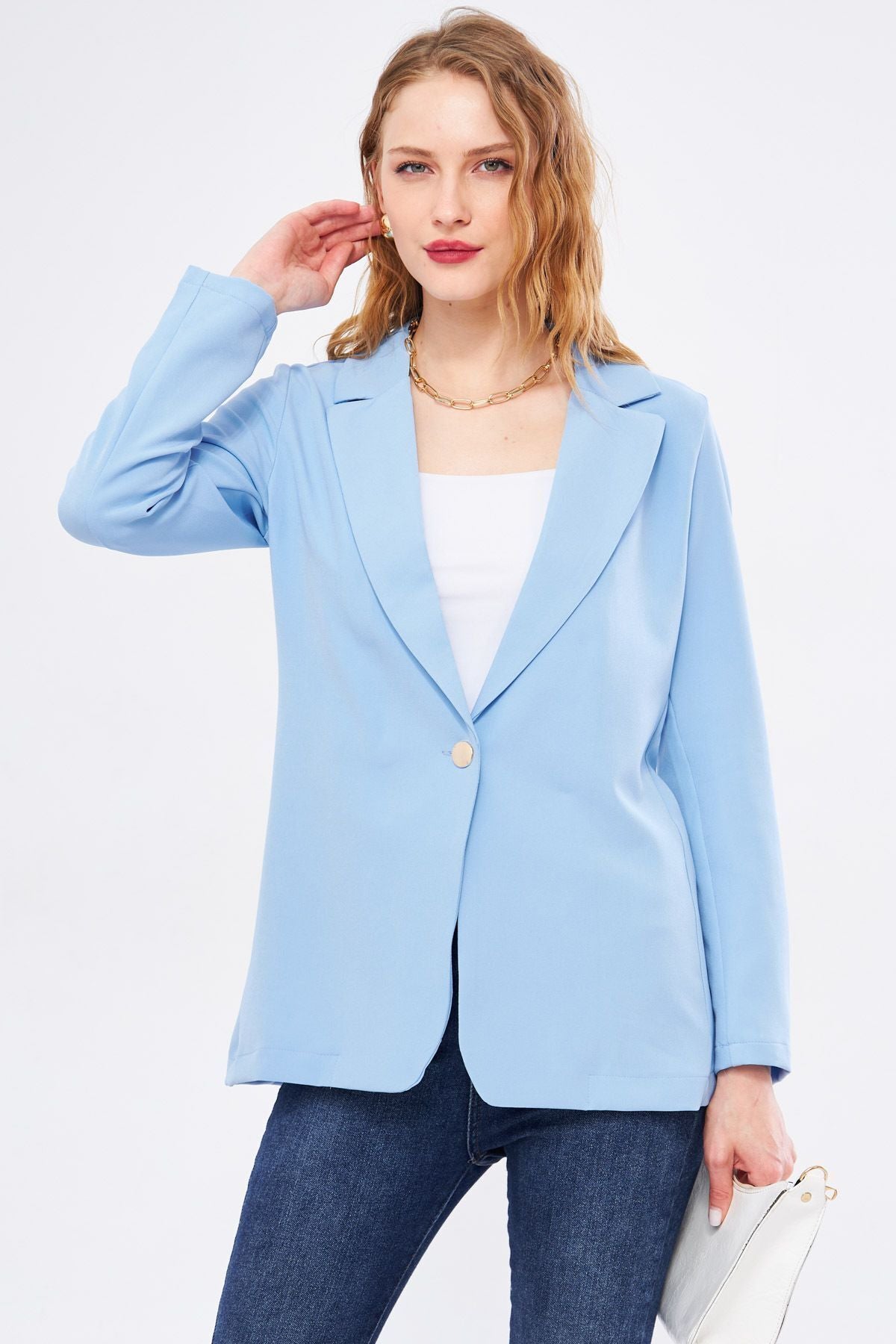 Woman Baby Blue Single Button Blazer Jacket ARM-20K001020