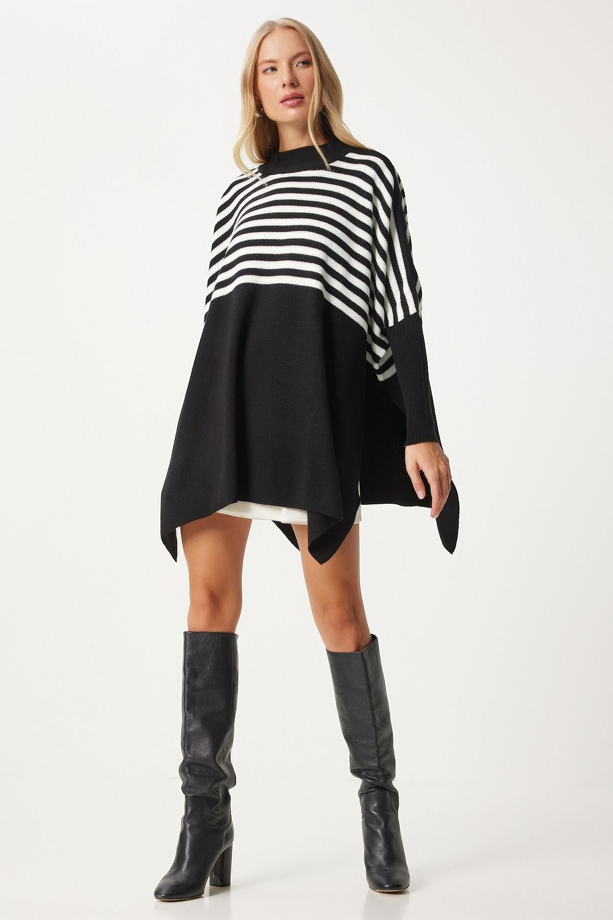 Women's black striped side slit overlawing poncho sweater DD01336
