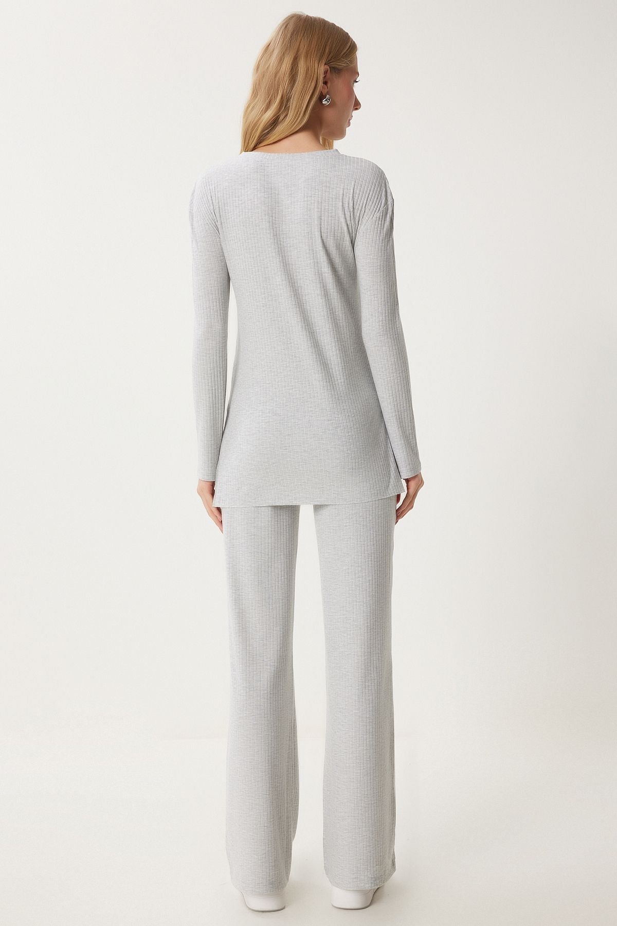 Woman Light Gray Casual Wick Knitting Blouse Pants Set OW00054