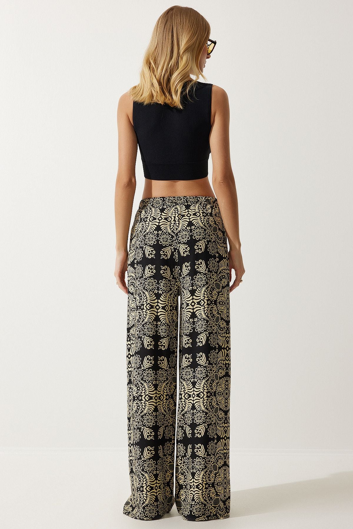 Female Black Beige Patterned Raw Linen Palazzo Pants BH00397