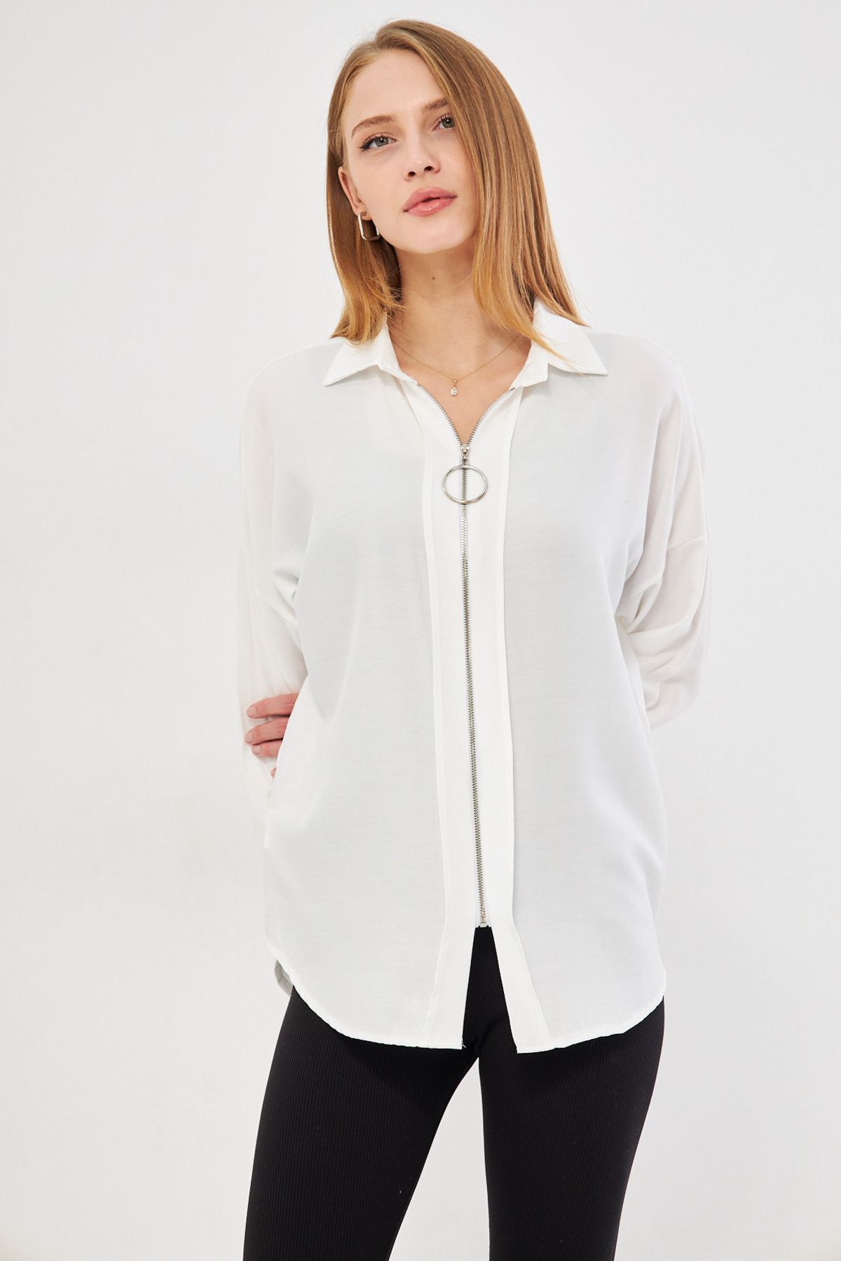 WOMEN WHITE PREVIOUS ZIPPER SALAŞ SHIRT ARM-21K024090