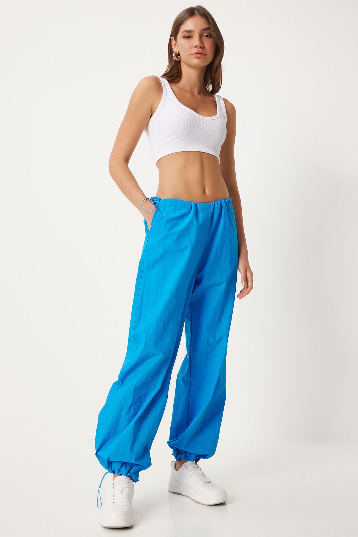 Women's Blue Pocket Parachute Shalwar Pants FN03274