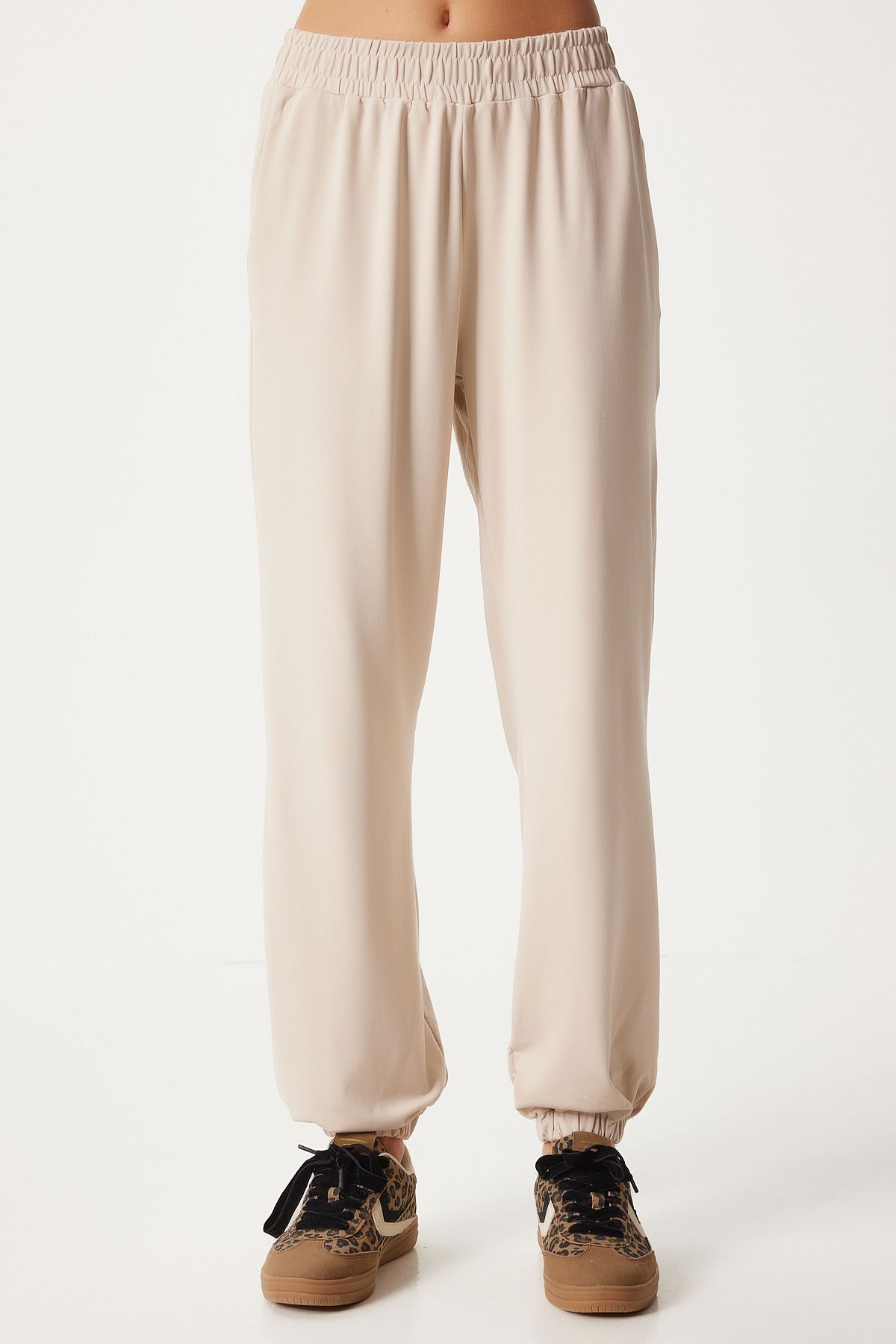 Women's Cream Crop T-Shirt Jogger Lower Knitting Tracksuit Set FN03316