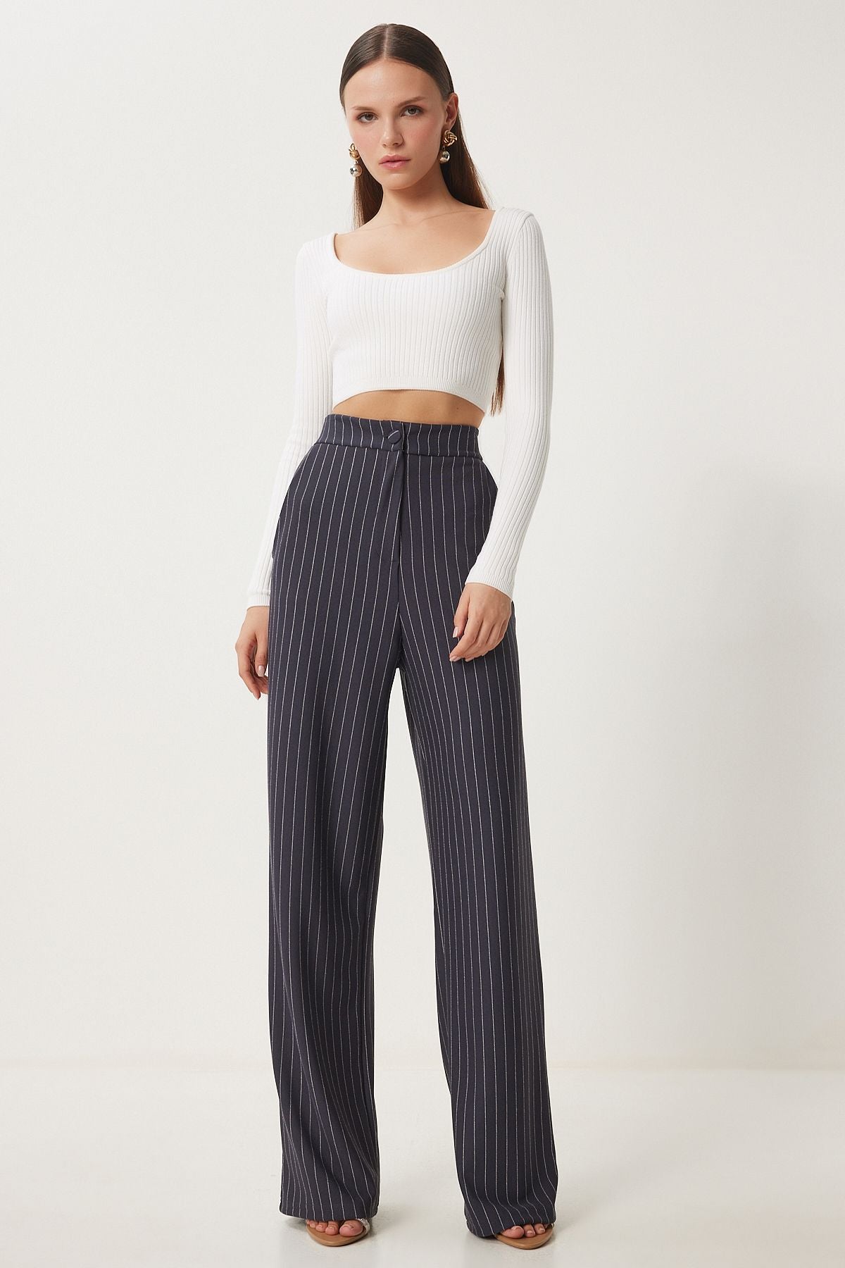 Female anthracite striped comfortable weaving pants to00158
