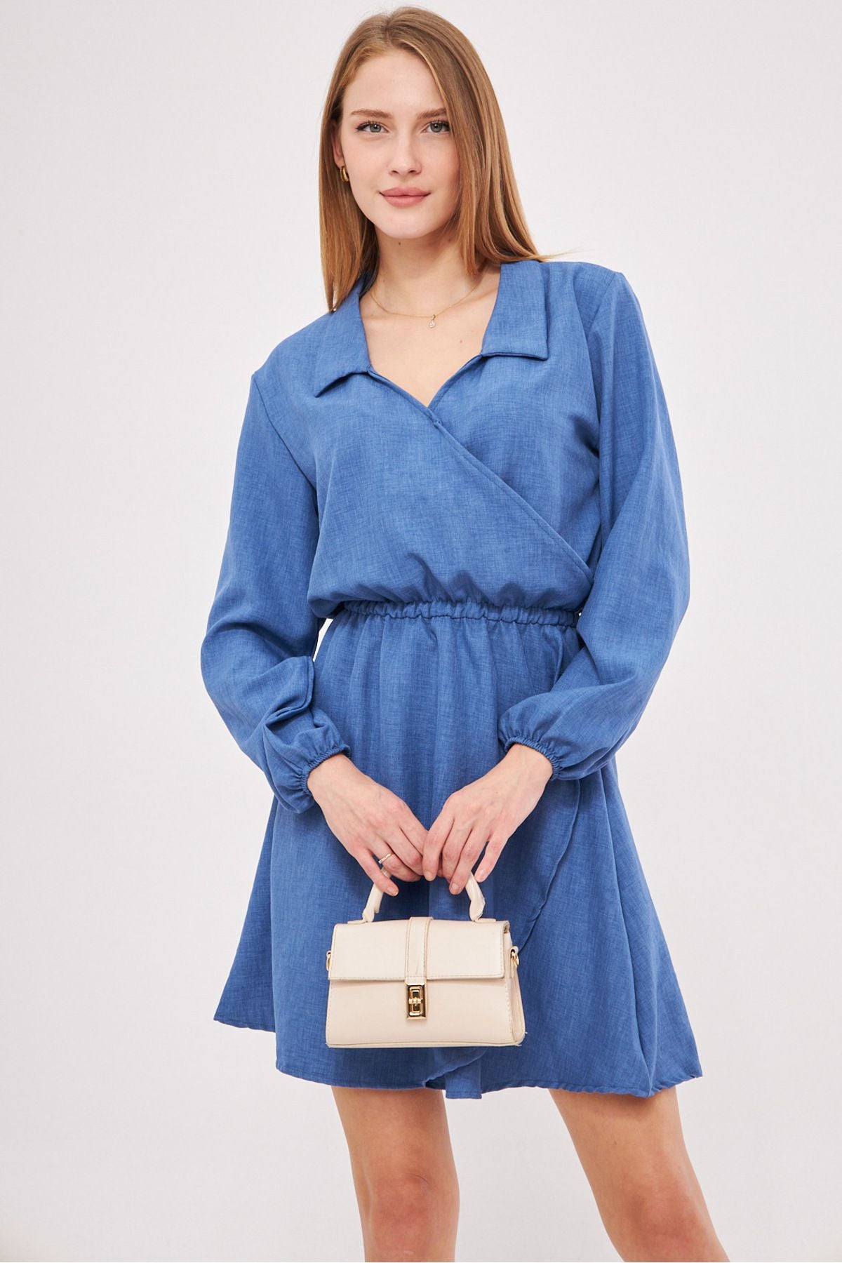 Woman Dark Blue Shirt collar Cruve waist and handle rubber dress with rubber dress ARM-25K001047