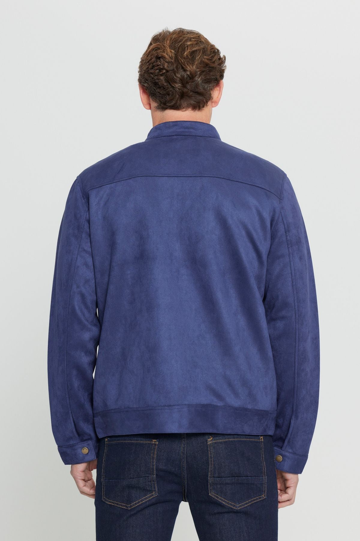 Men's navy blue standard fit normal cut upright collar suede jacket coat