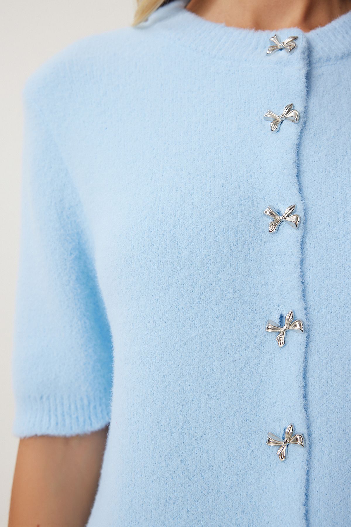 Woman Sky Blue Stylish Bow Button Triko Cardigo DP00219