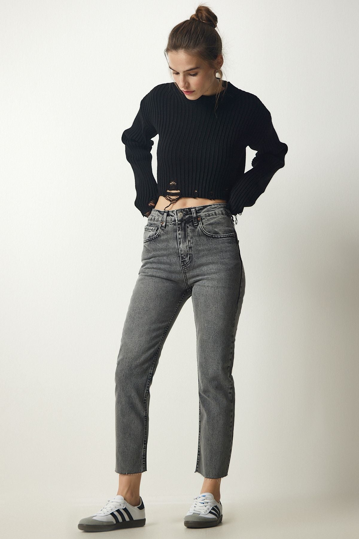 Women's gray high waist denim pants CB00015