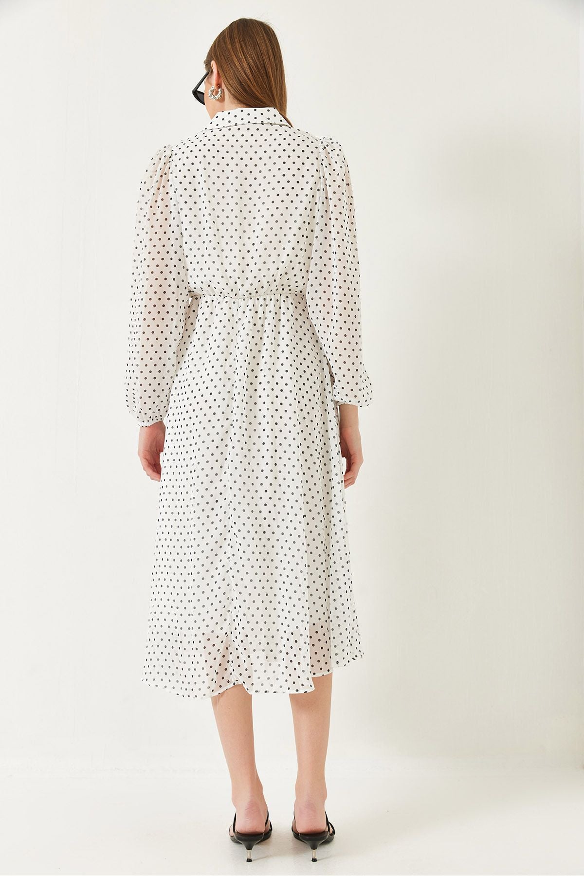 Women's Waist Pekle with a polka dot lined midi woven dress 70295 60271032