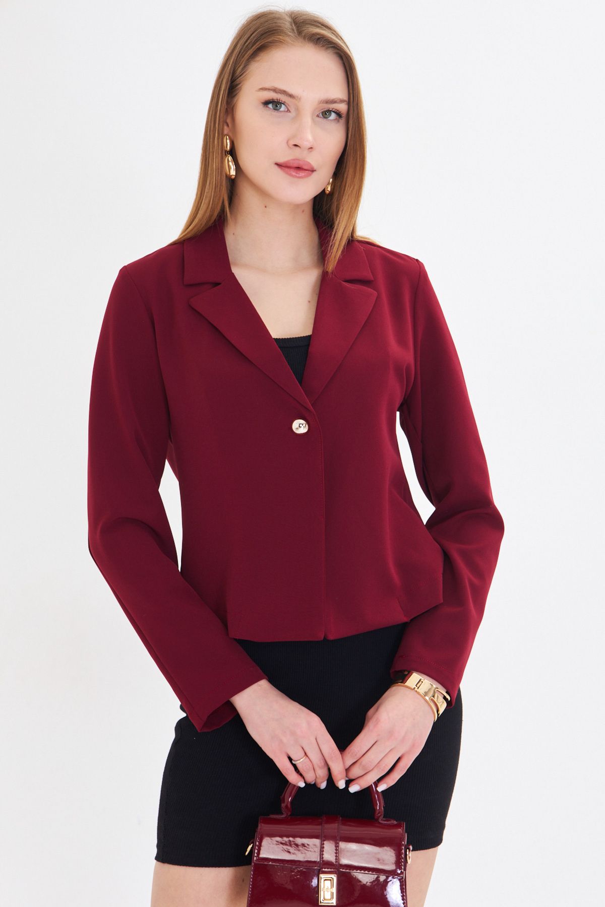 Woman Bordeaux Single Button Crop Jacket ARM-221237