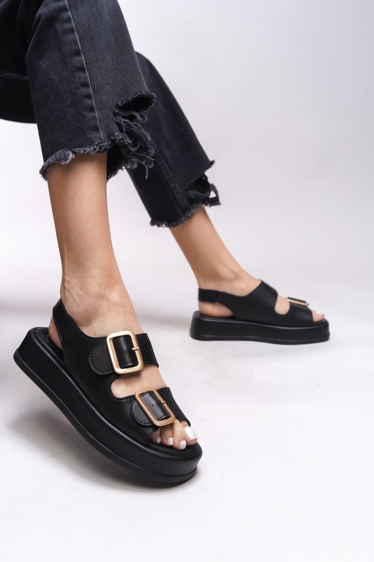 Ghinrada female double buckle sandals 0012793 black skin