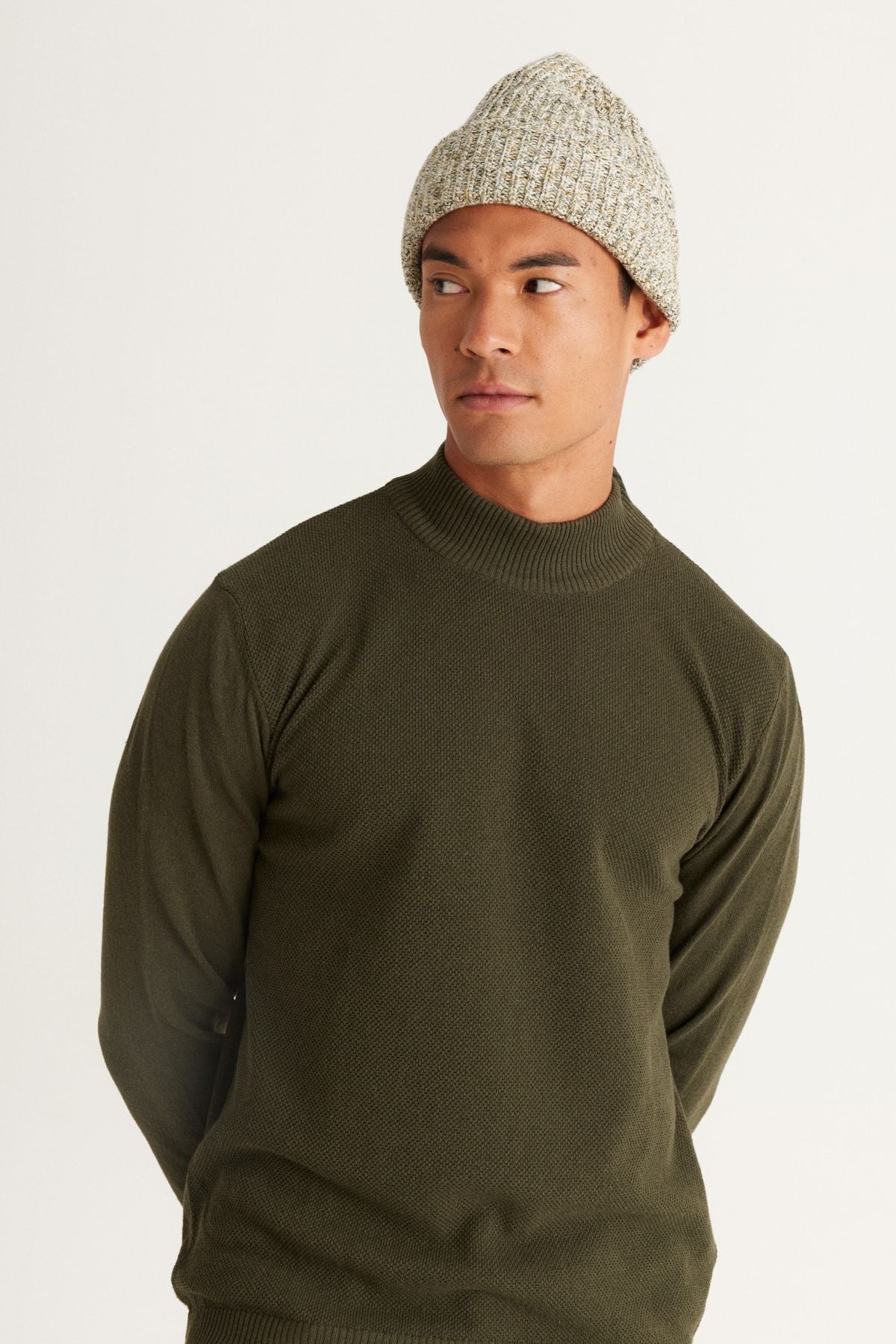 Men's Khaki standard fit normal cut half fisherman collar cotton knitwear sweater