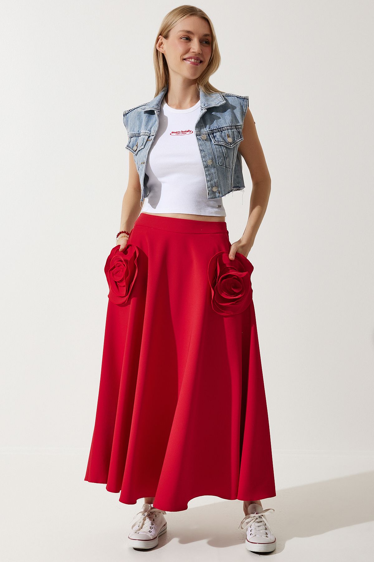 Female Red Rose Accessory Design Premium Midi Skirt FK00007