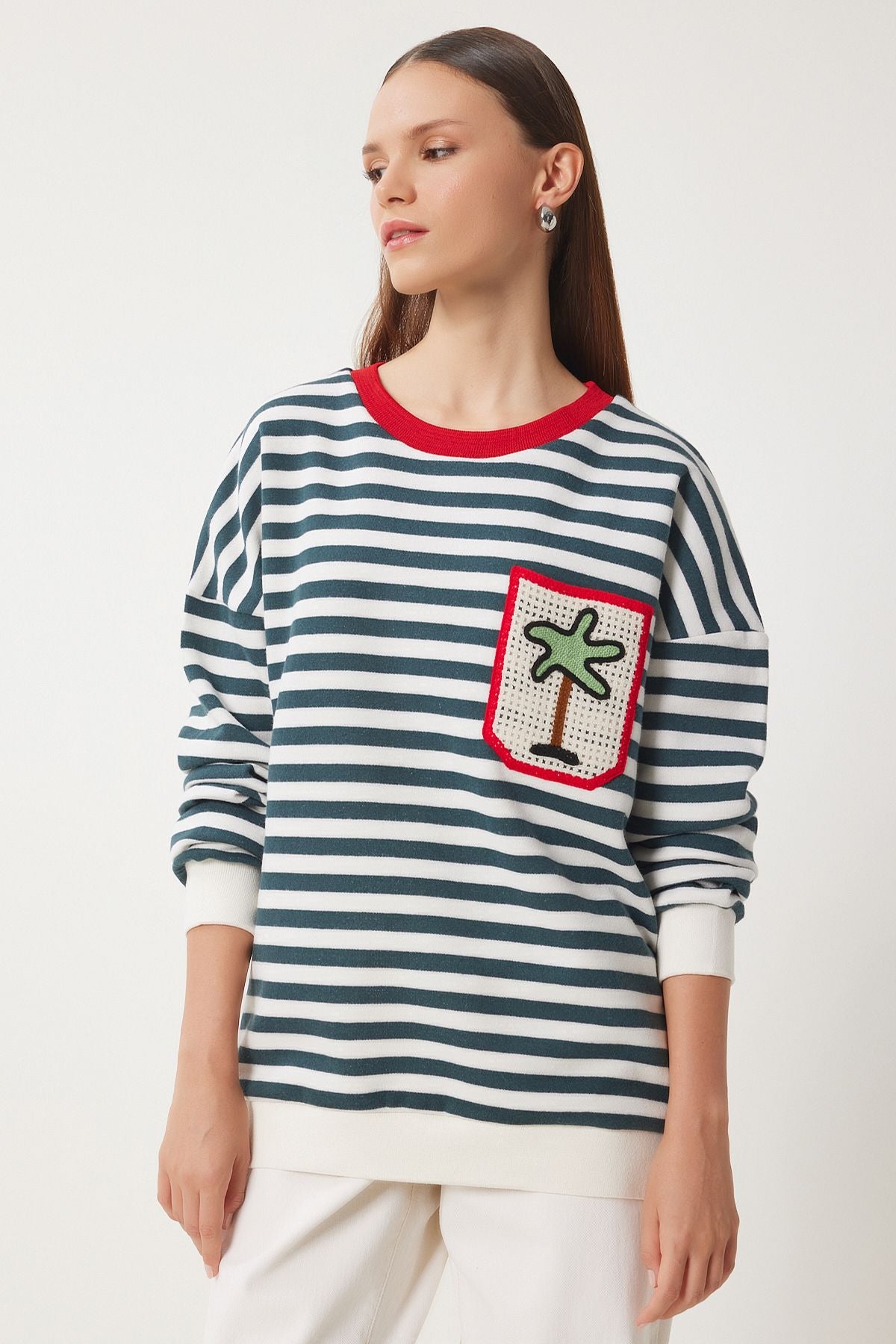 Woman Ecru Green Knitted Pocket striped Red Knitting Sweatshirt NV00074