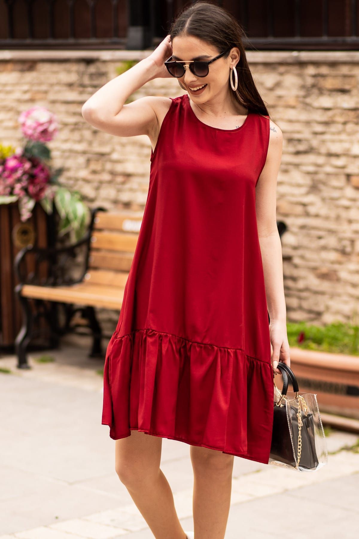 Female Bordeaux Sleeveless Skirt Ruffle Dress Arm-18y001156