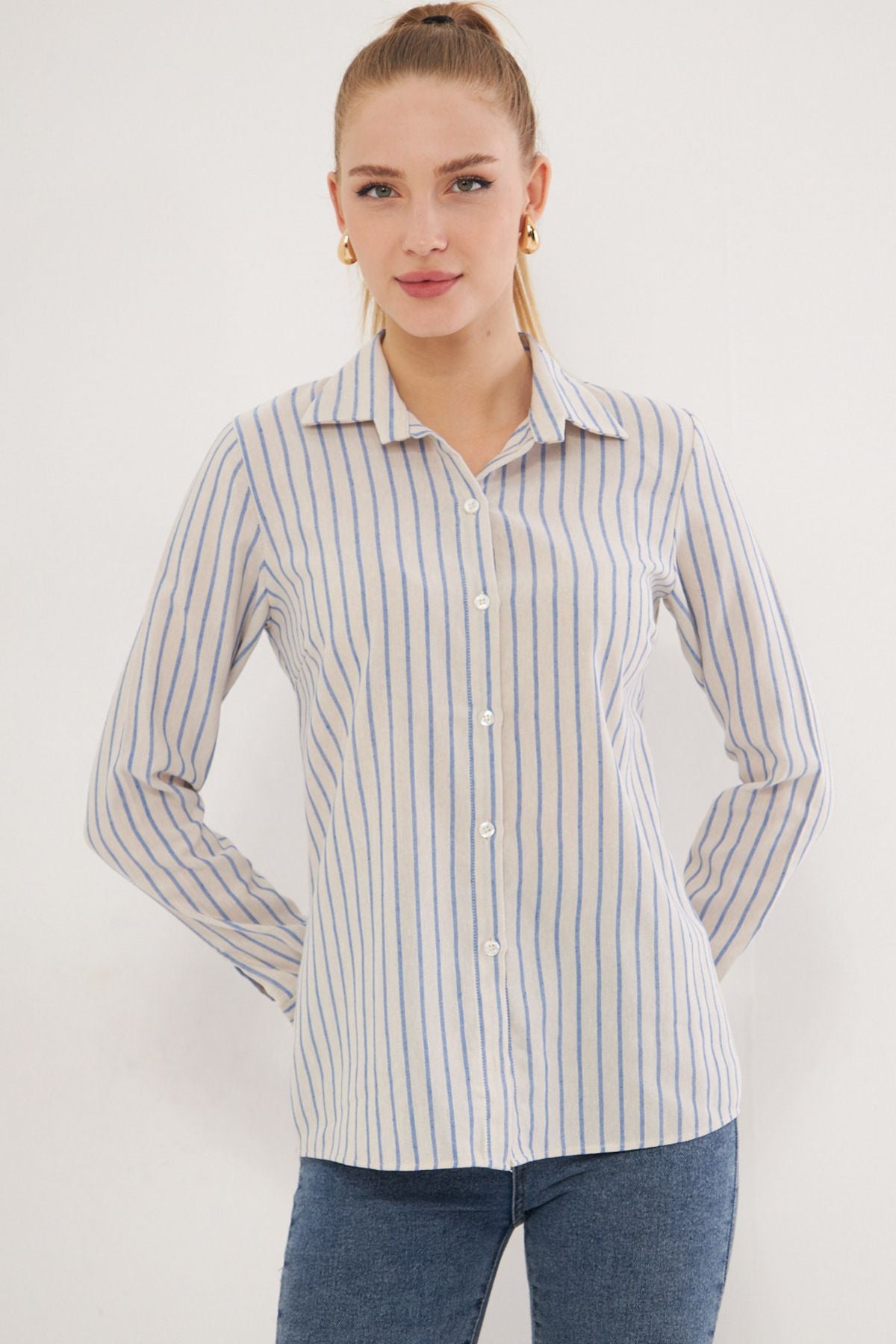 Women's Blue White Patterned Long Sleeve Shirt ARM-25K001040