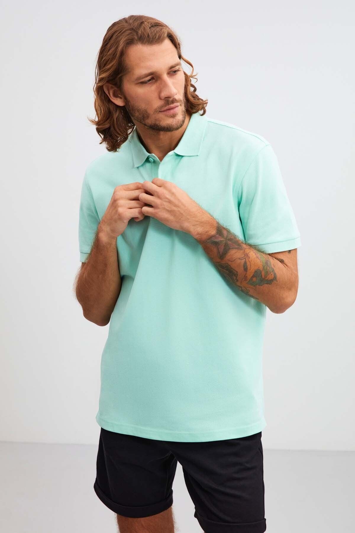 Morgan Men's Regular Mold 100 %Cotton Green Polo Yaka T-shirt