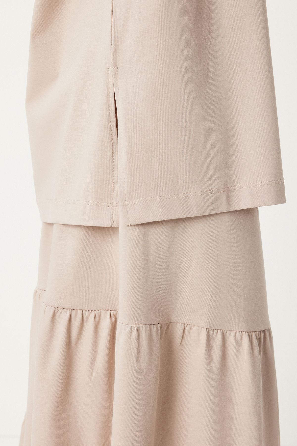 Woman Beige Oversize T-Shirt Volan Knitting Skirt Set UB00291