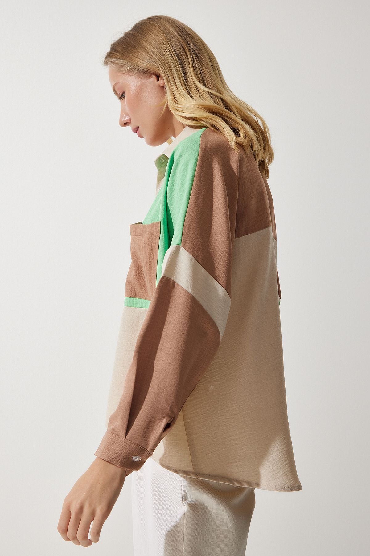 Female Beige Green Block Colorful Linen Shirt TP00030