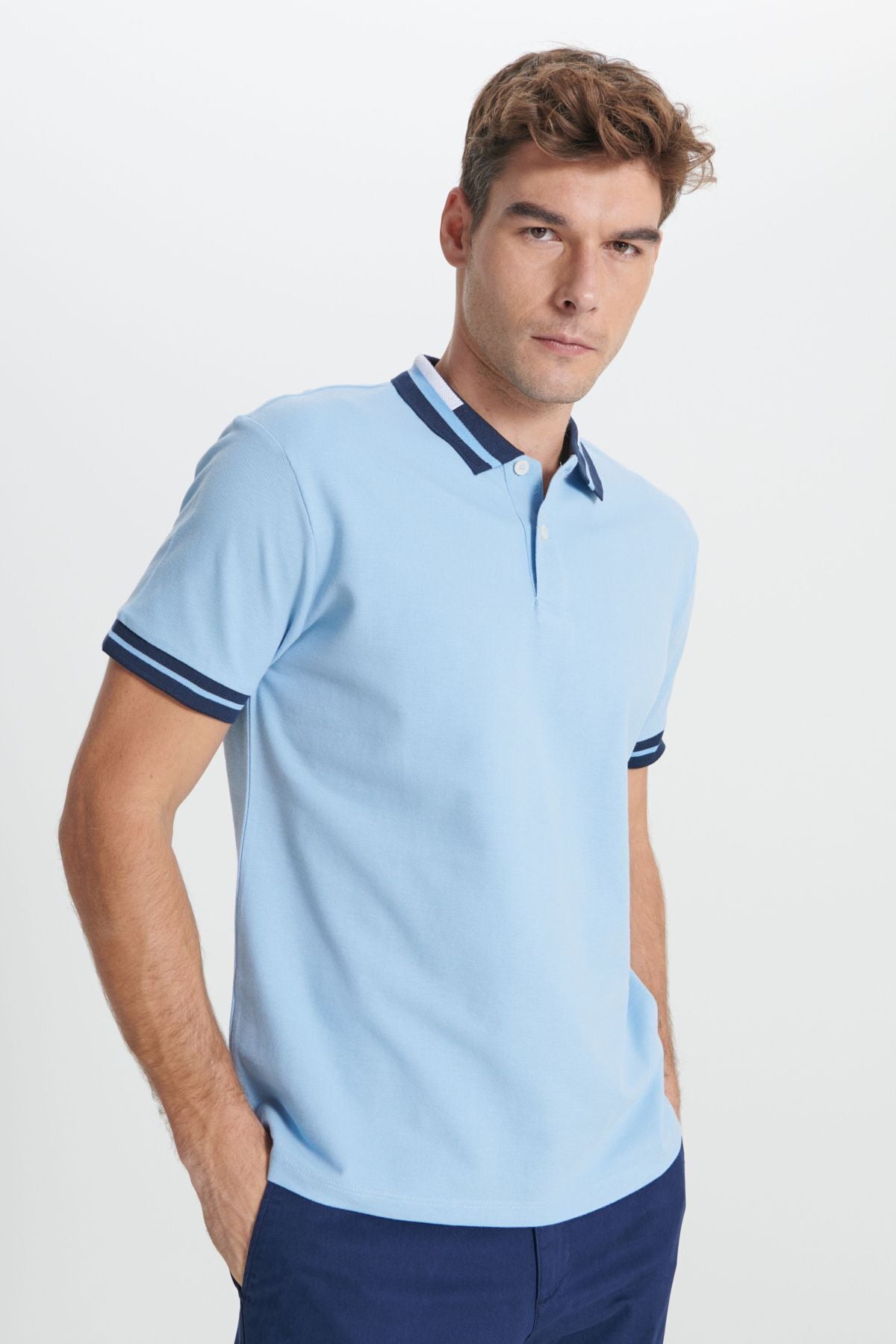 Men's light blue slim fit narrow cut 100 %cotton curved polo collar t -shirt