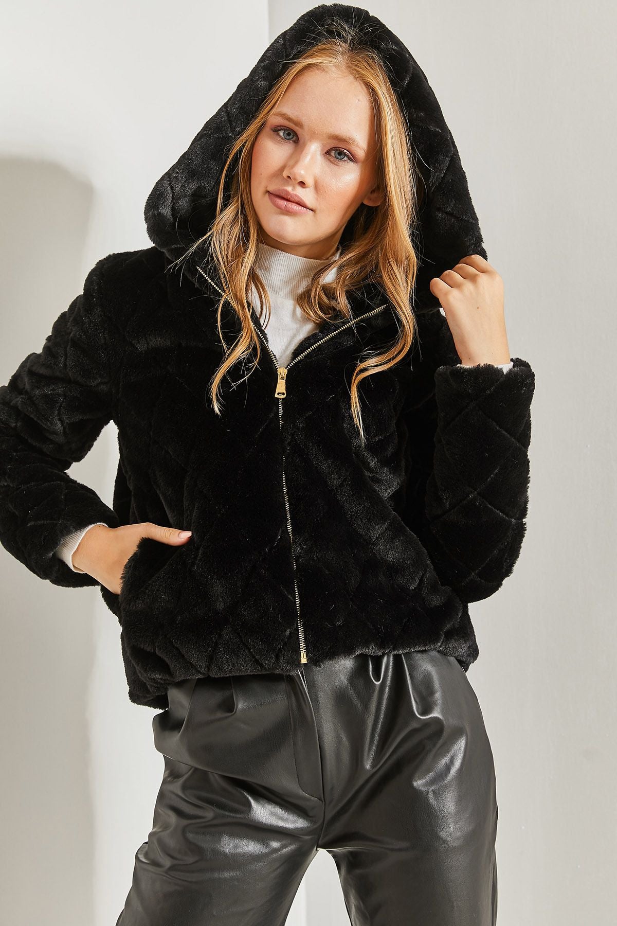 Female hooded quilted plush coat