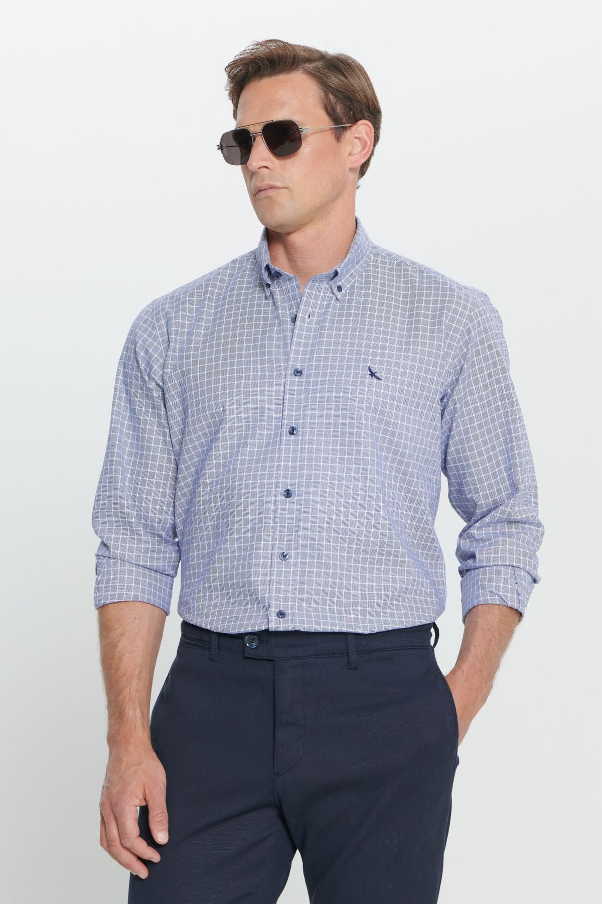 Men's navy blue-white regular fit comfortable cut buttoned collar checkered shirt