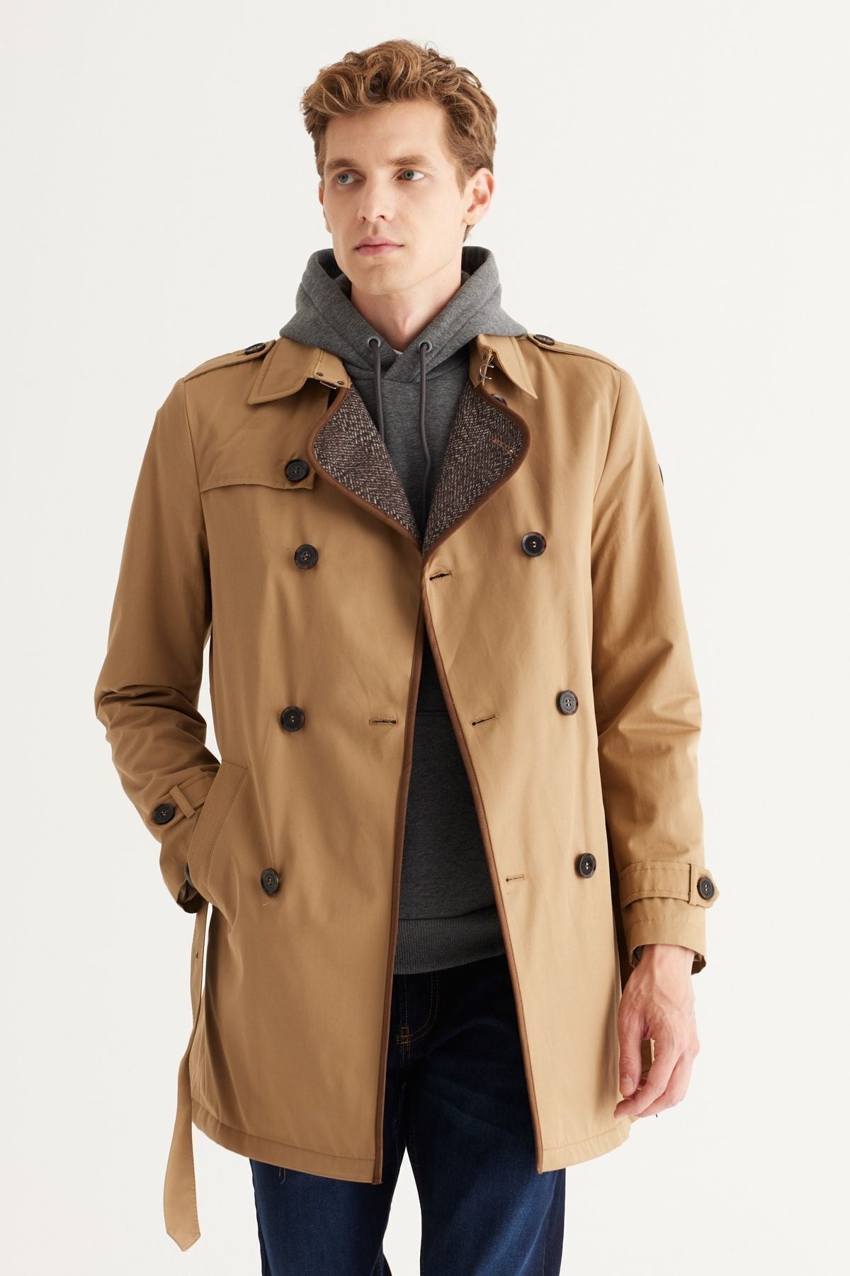 Men's beige standard fit normal cut shirt shirt collar cotton trench coat