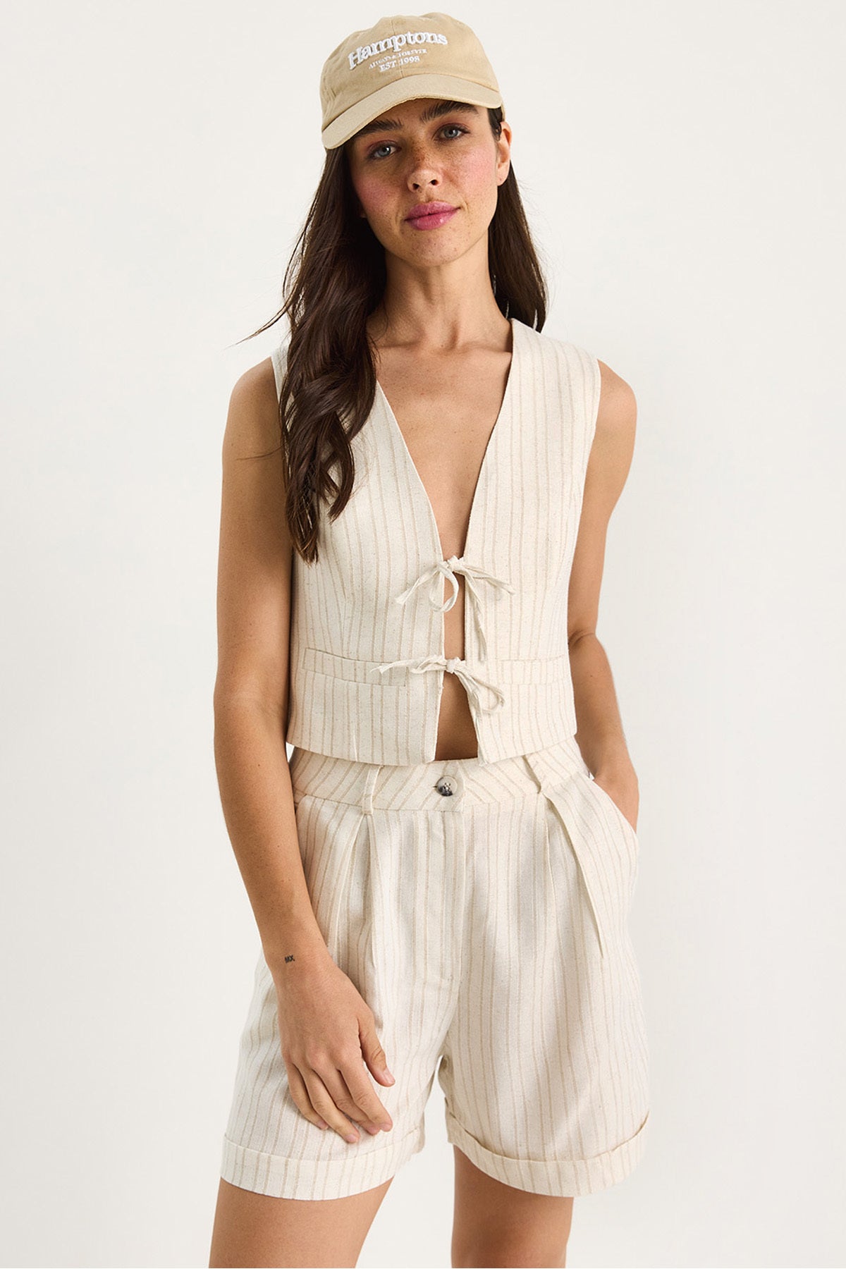 Women's Double Striped Tie Detailed Vest High Waist Linen Suit with Shorts 9376 60281069