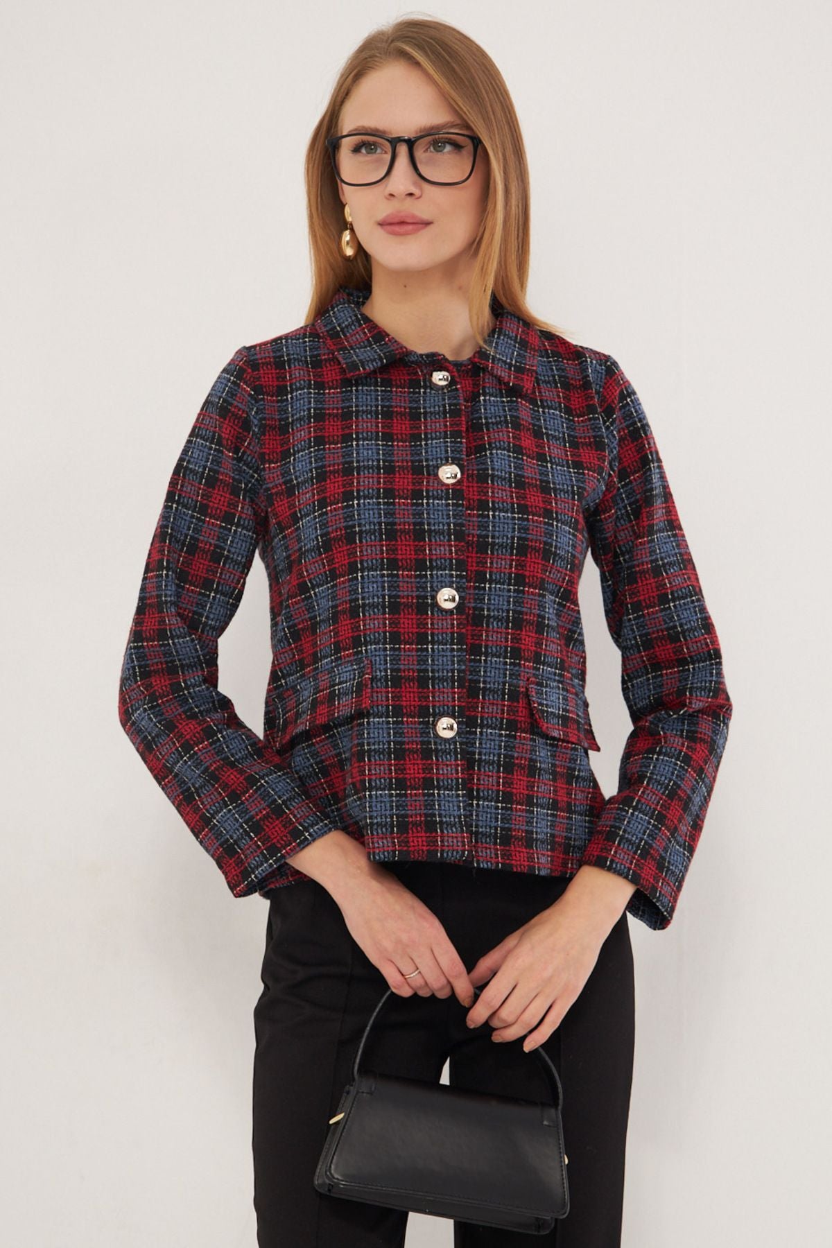 WOMEN DARK BLUE PATTERNED POCKET COFE JACKET ARM-25K001038