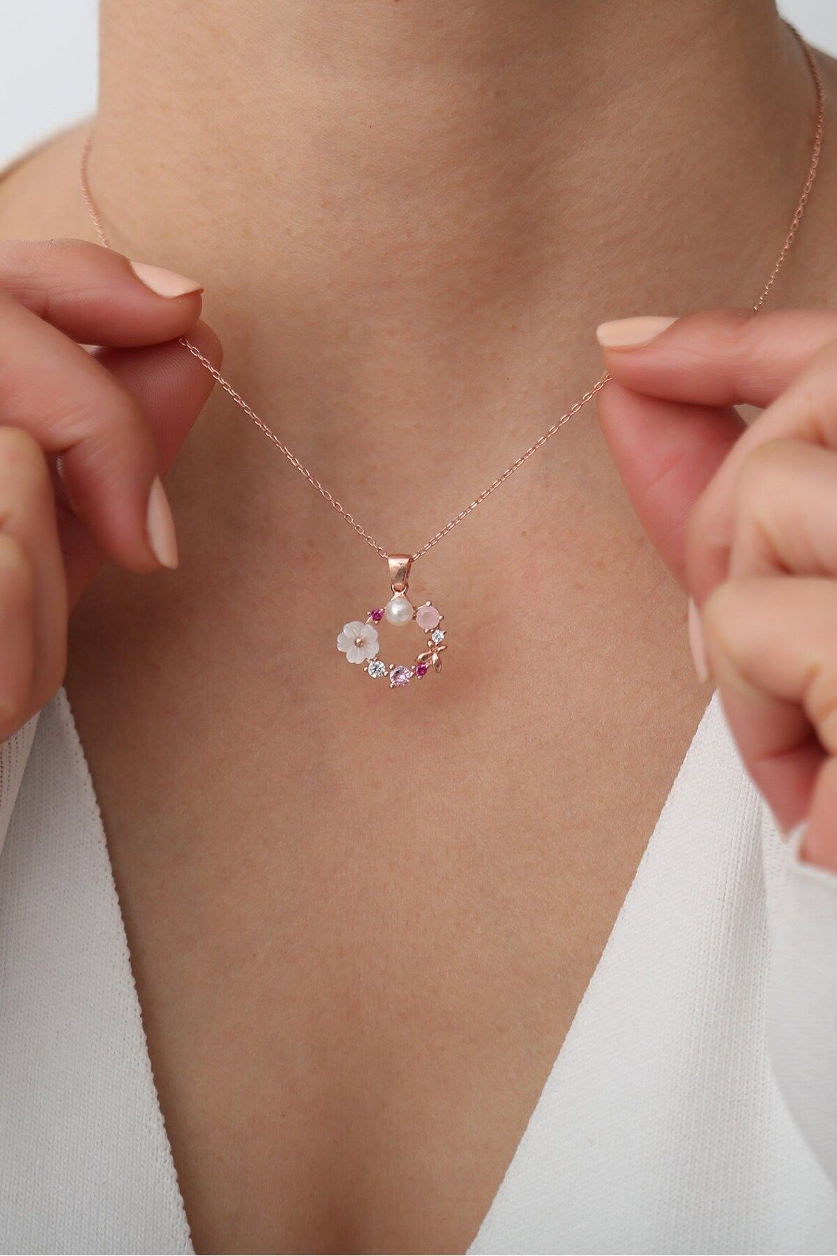 Orchid and colored stone 14 k rose gold -plated women's necklace