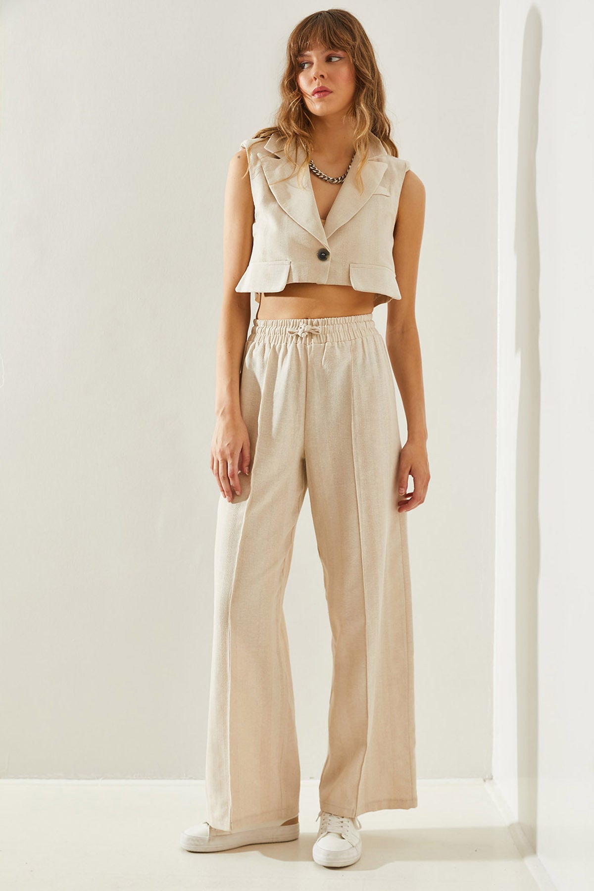 Women's Pocket Cover Detailed Crop Vest Palazzo Trousers Bottom-Top Set 60251229