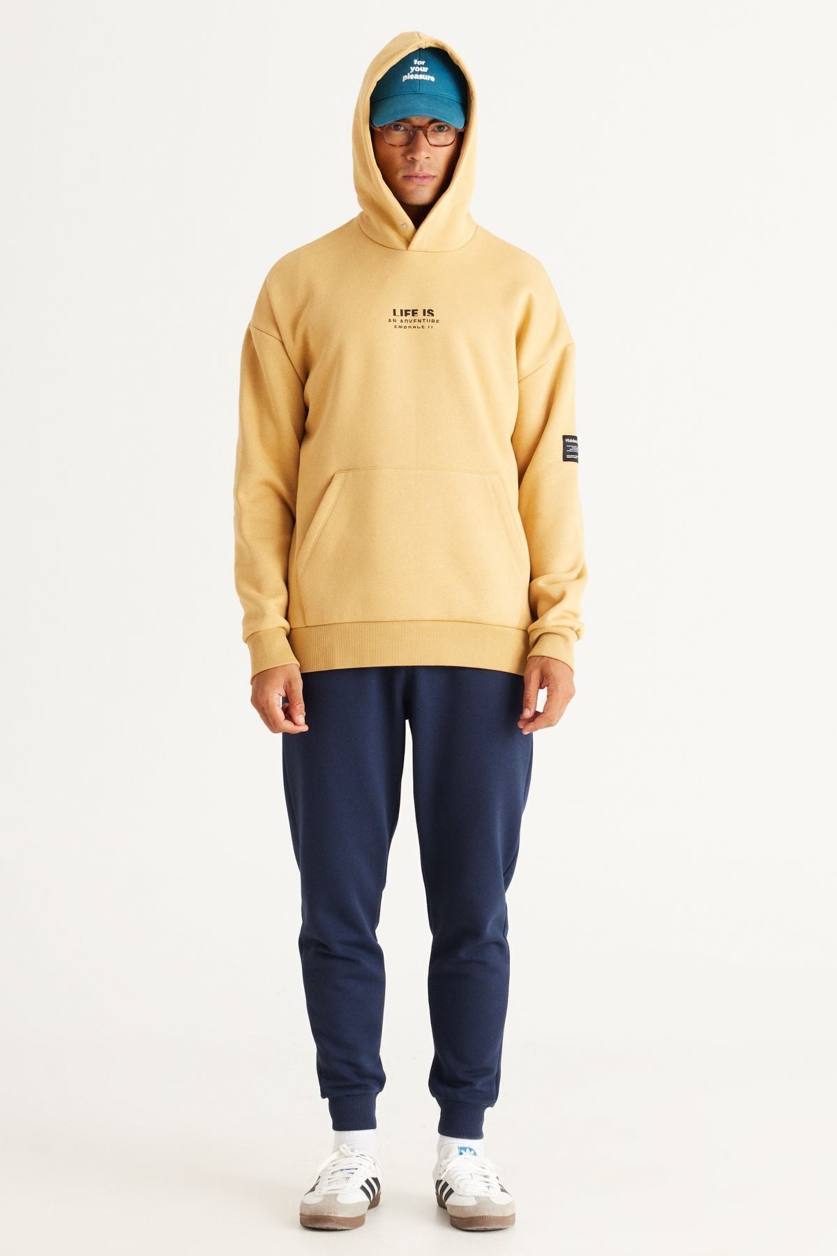 Men's mustard oversize fit plenty of cuts hooded polar with 3 -IP cotton sweatshirt