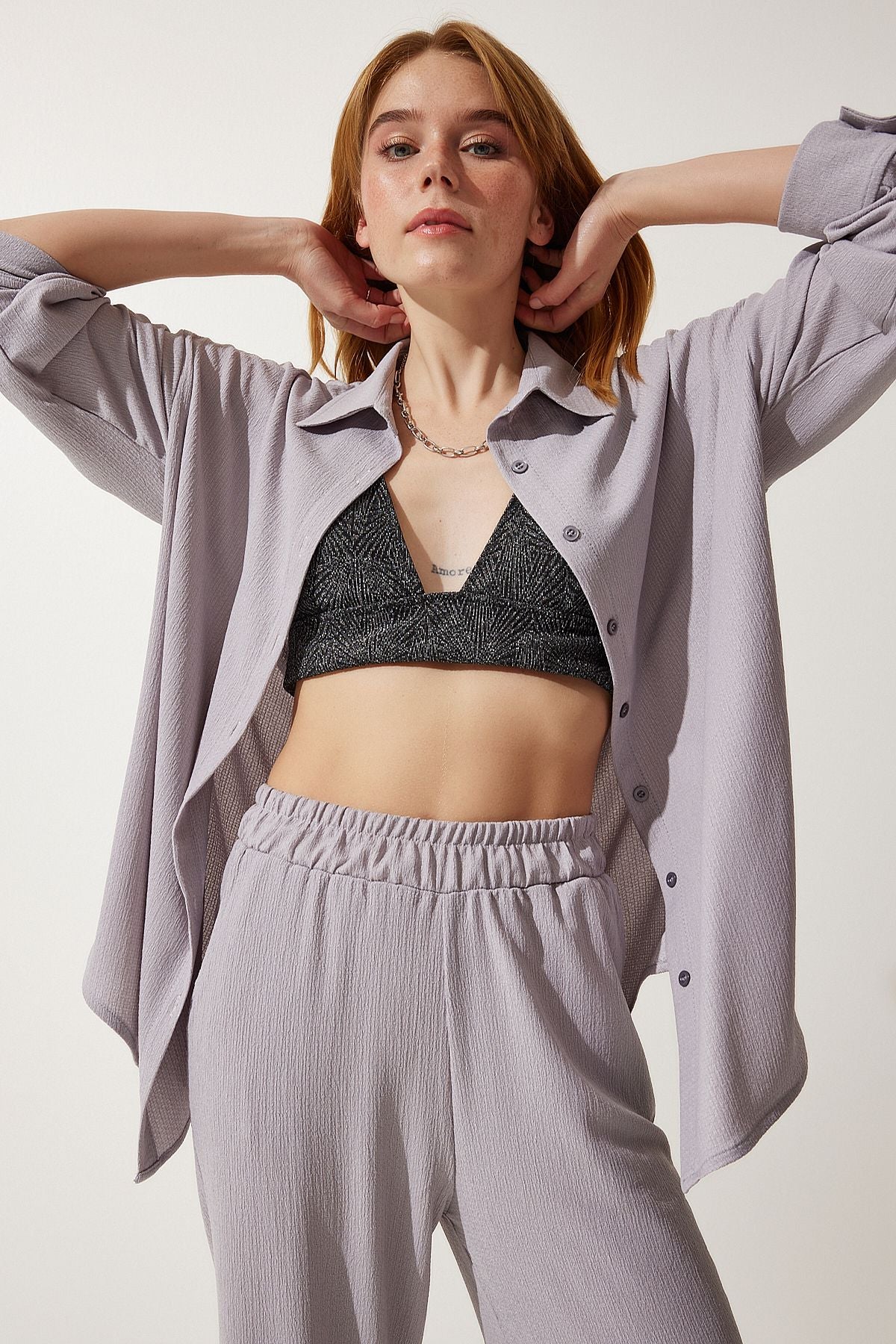 Women's gray comfortable knitted shirt pants set KH00090