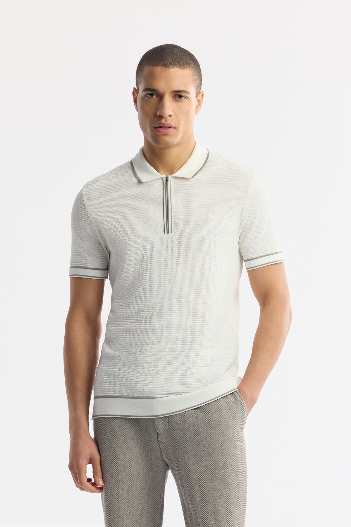 Men's Ecru Zipper Polo Yaka texture rayon trico t-shirt A51y5165