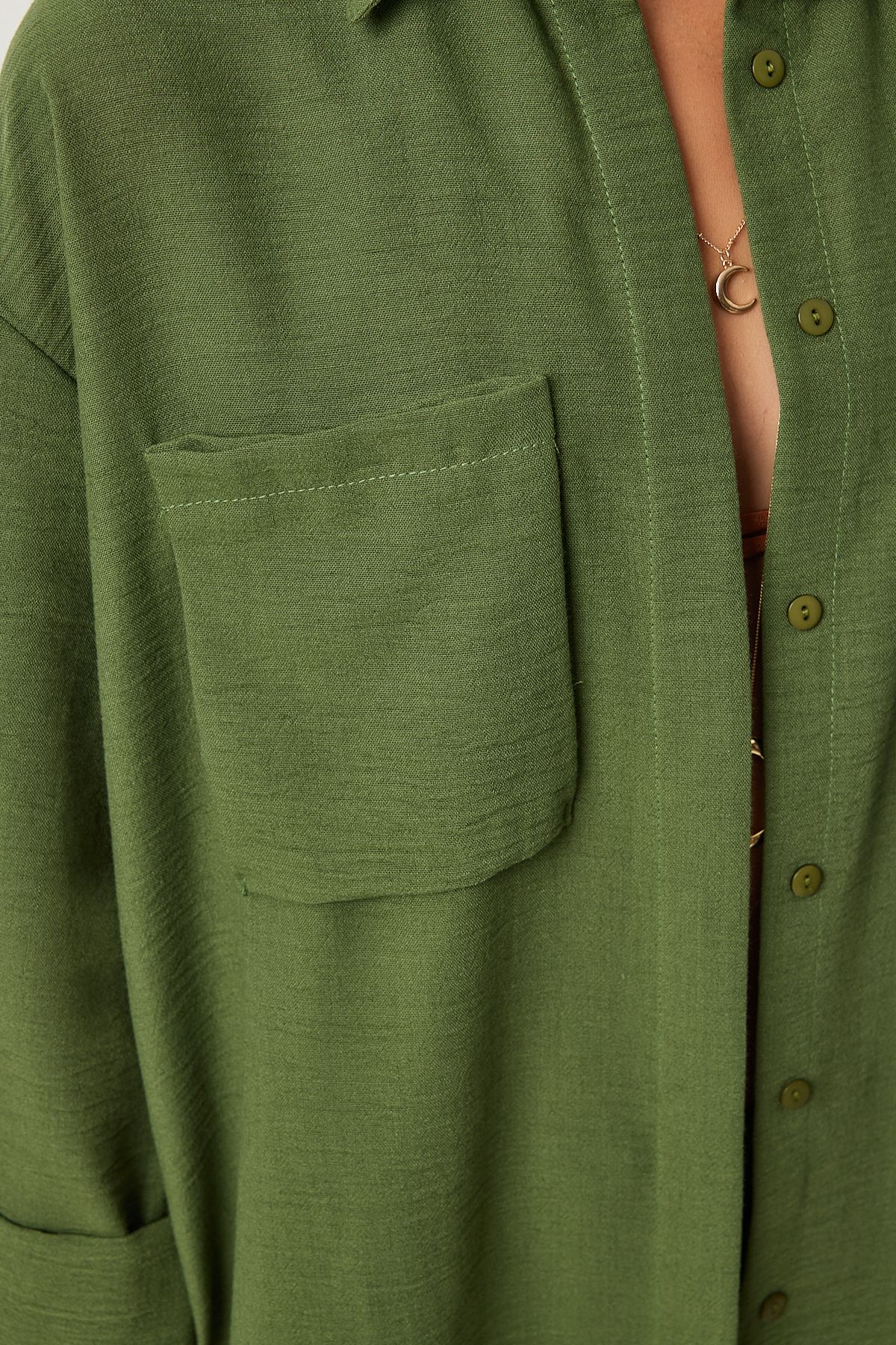 Female khaki large pocket linen mixed shirt pants set FN03205