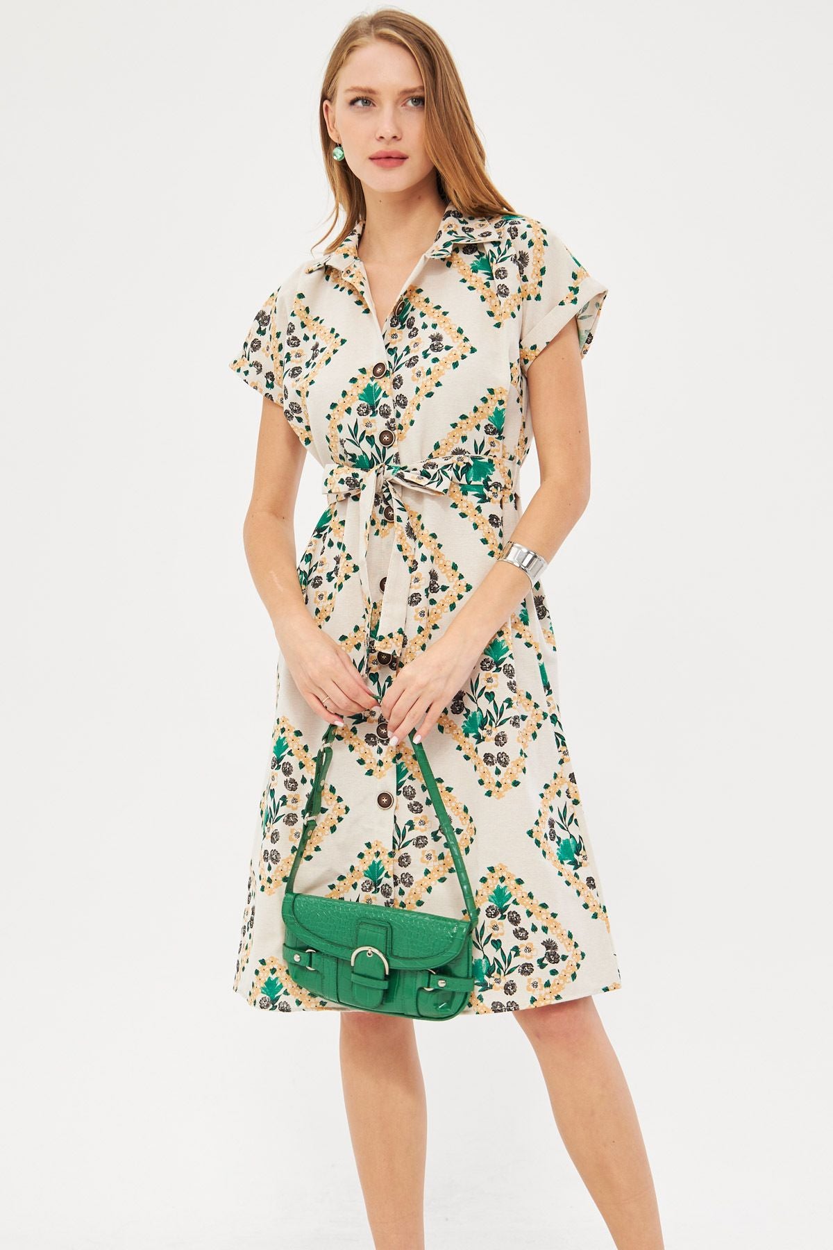 Woman Dark Green Patterned Linen Looking Waist Belt Short Sleeve Shirt Dress ARM-24Y001108