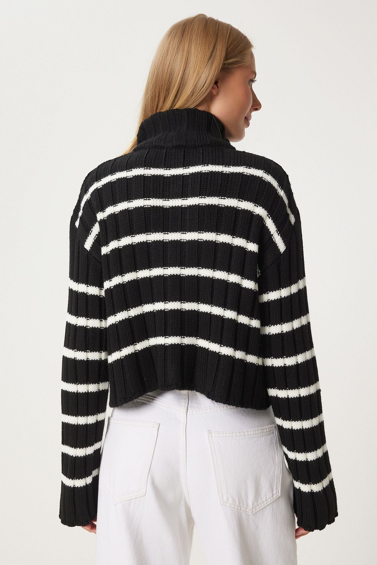 Female black zipper striped upright collar knitwear cardigan PF00081