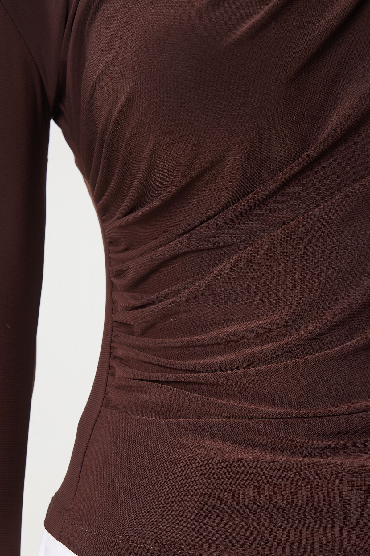 Female brown shirring detailed upright collar sandy blouse FF00135