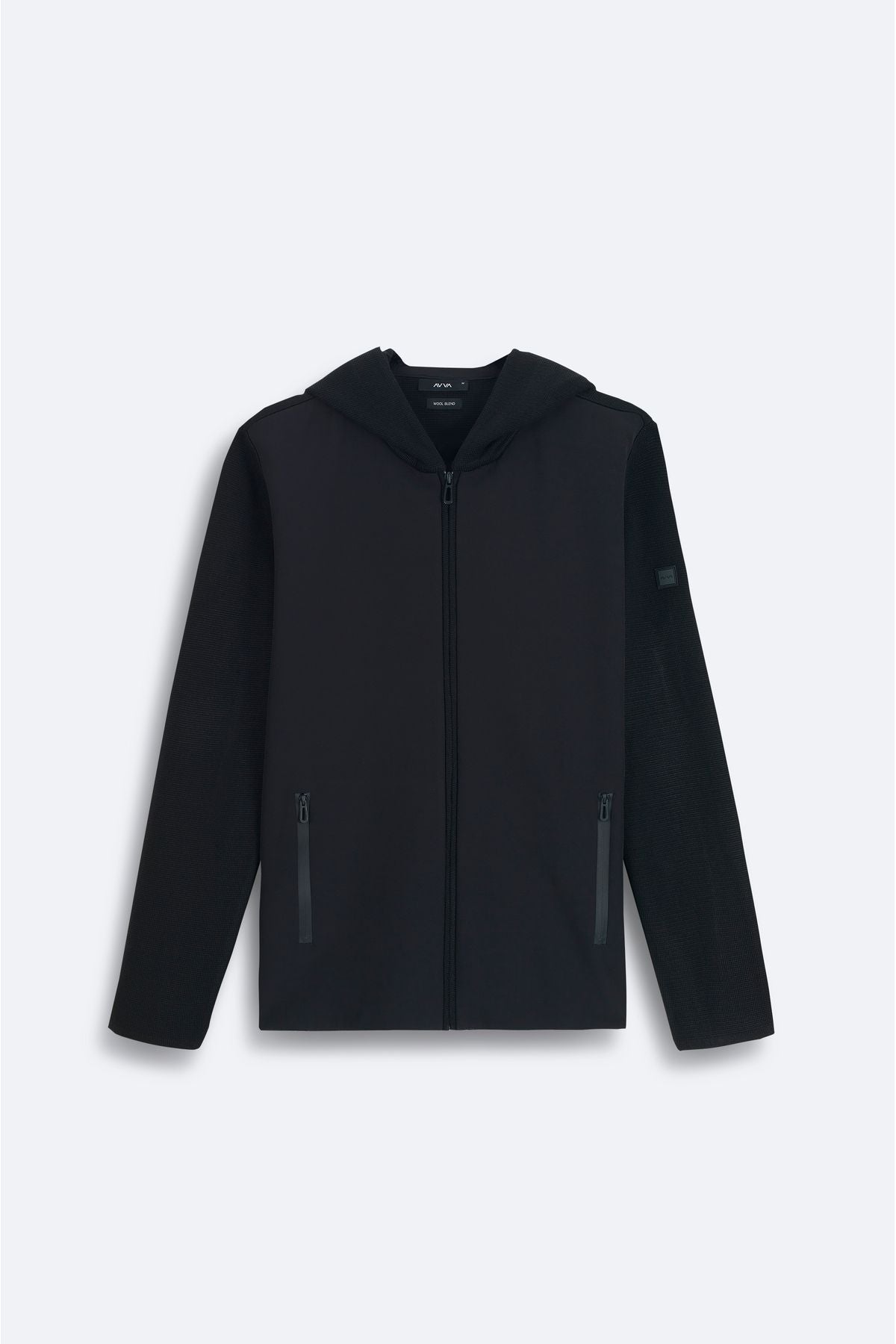 Men's black hood front technical fabric detailed zipper woolen cardigan A32y6058