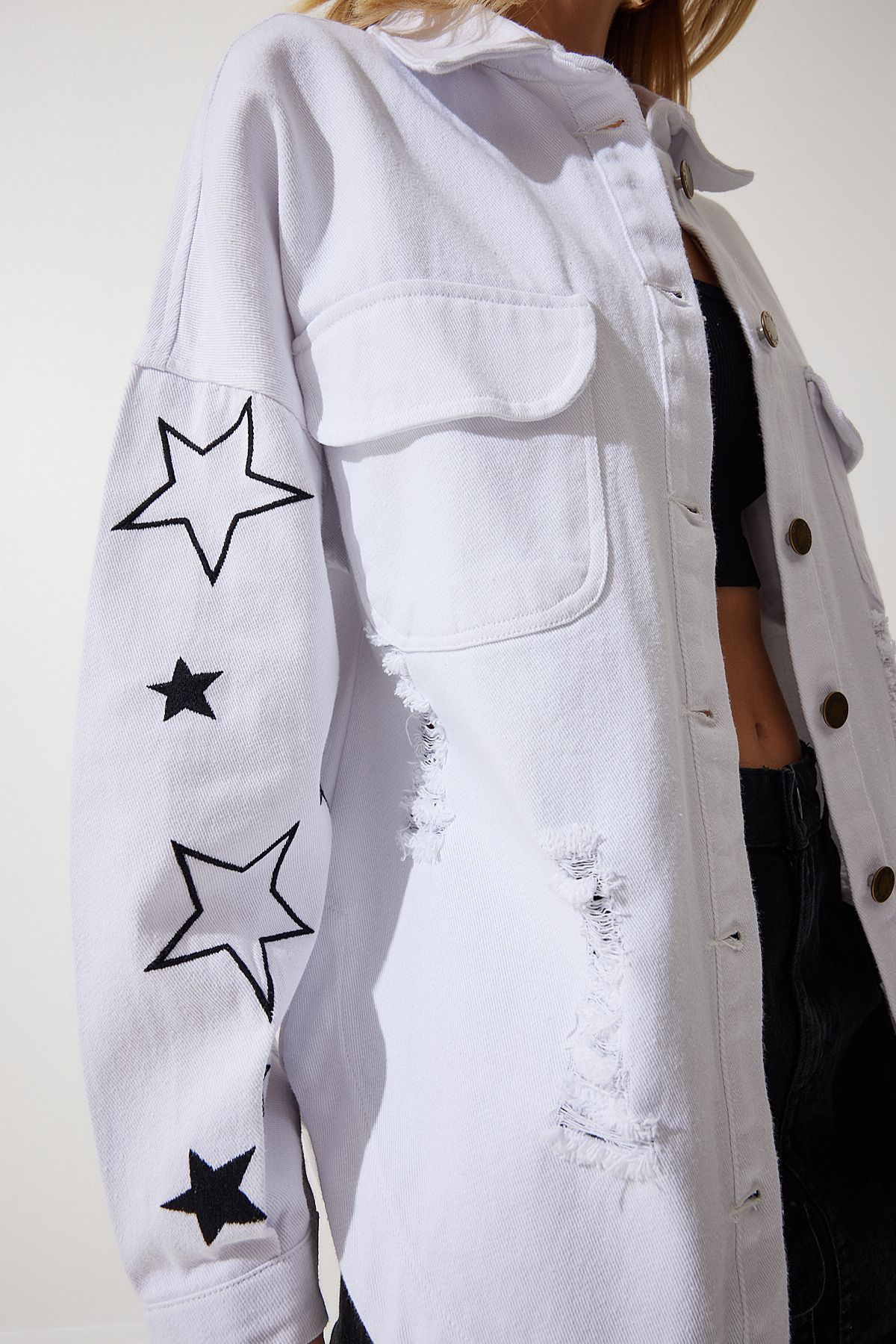 Woman White Star Embroidered Oversize Shirt Jacket SA00026