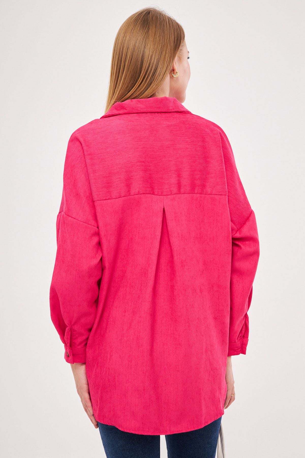 Women's Fuchsia Pocket Oversize Fine Wick Velvet Shirt ARM-24K001076