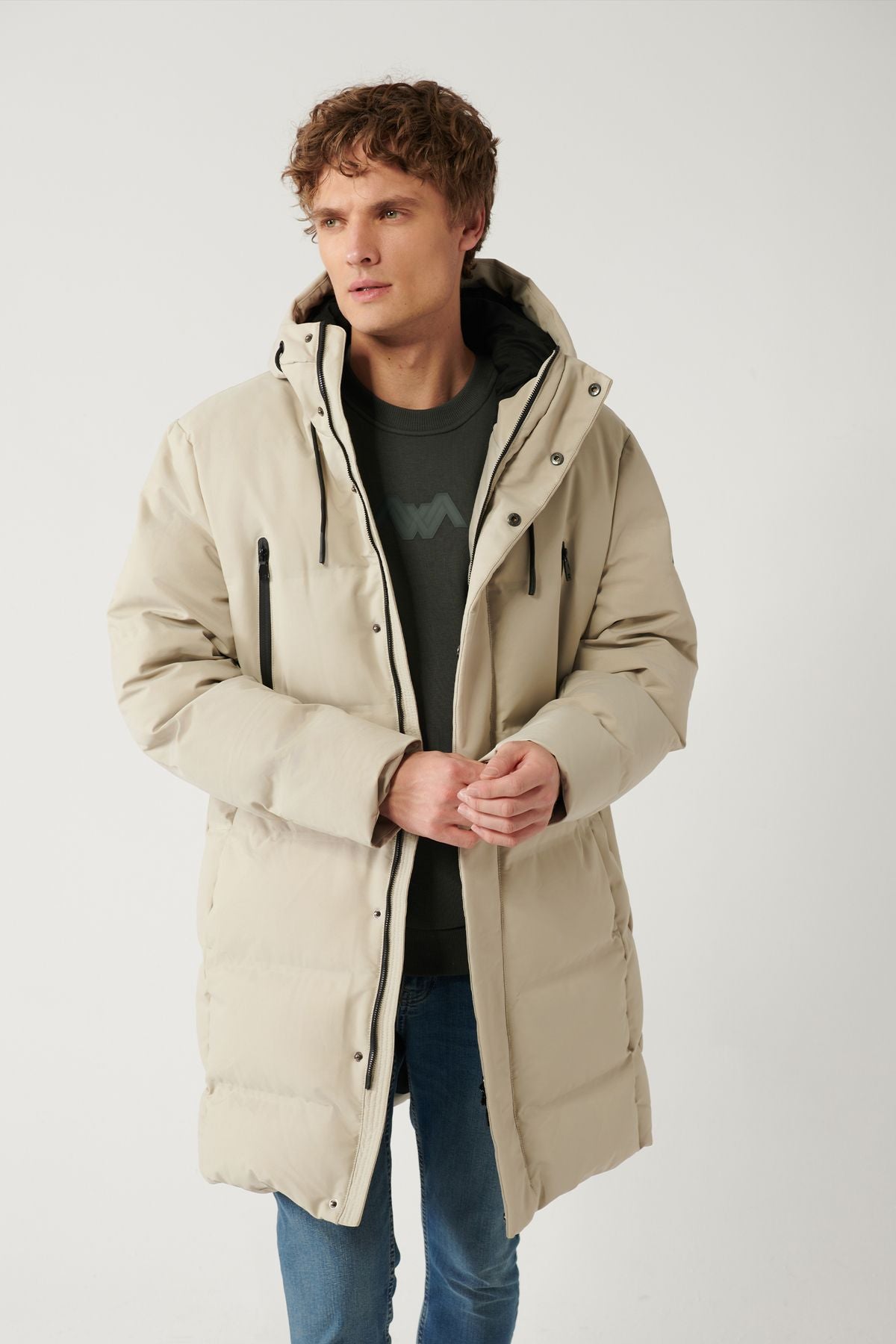 Men's Beige Hooded Goose Feathery Water Driving Long Coat Coat A32Y6047