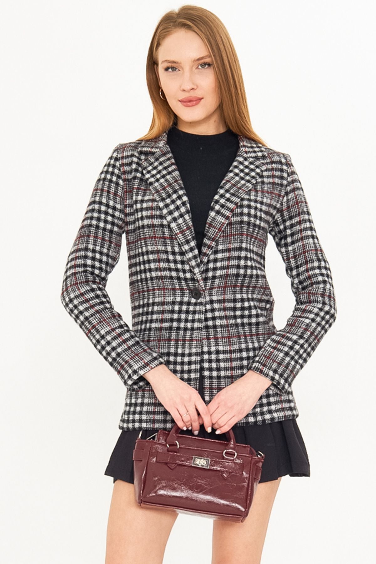 Female black plaid pattern single button stamp jacket ARM-25K001083