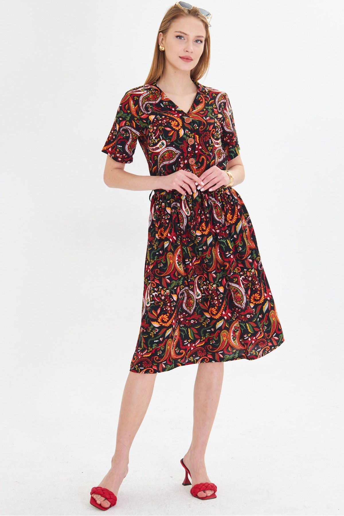 Female Mercan front buttoned waist shirred belt midi size dress ARM-24Y001068