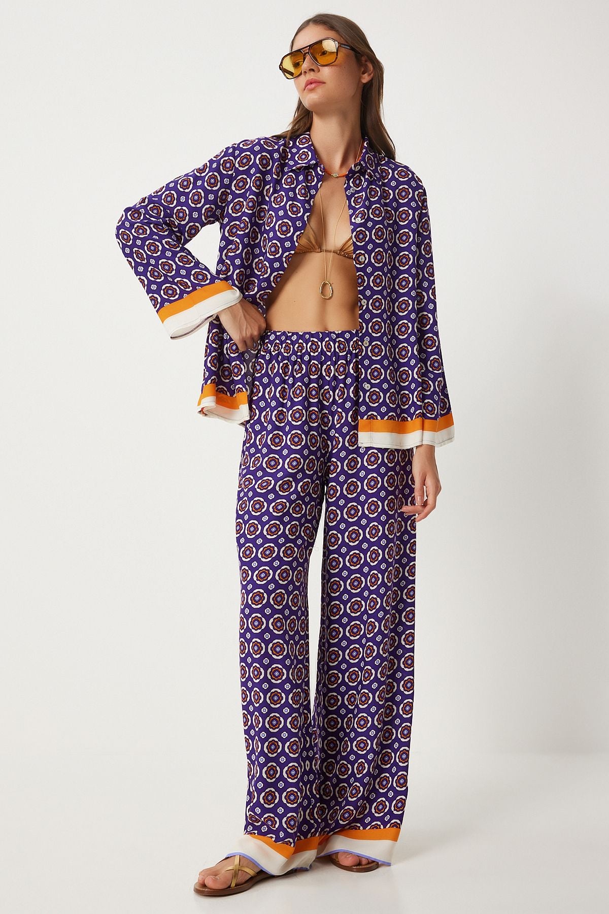 Woman purple white patterned summer viscose shirt palazzo pants set FN03272