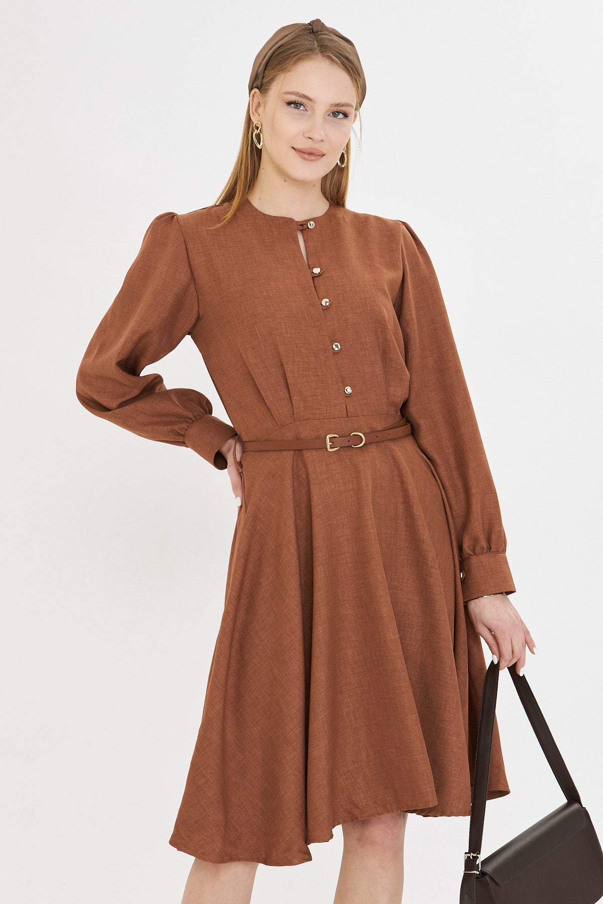 Female coffee zero collar front button arms with headlines arched arched dress Arm-25y001006