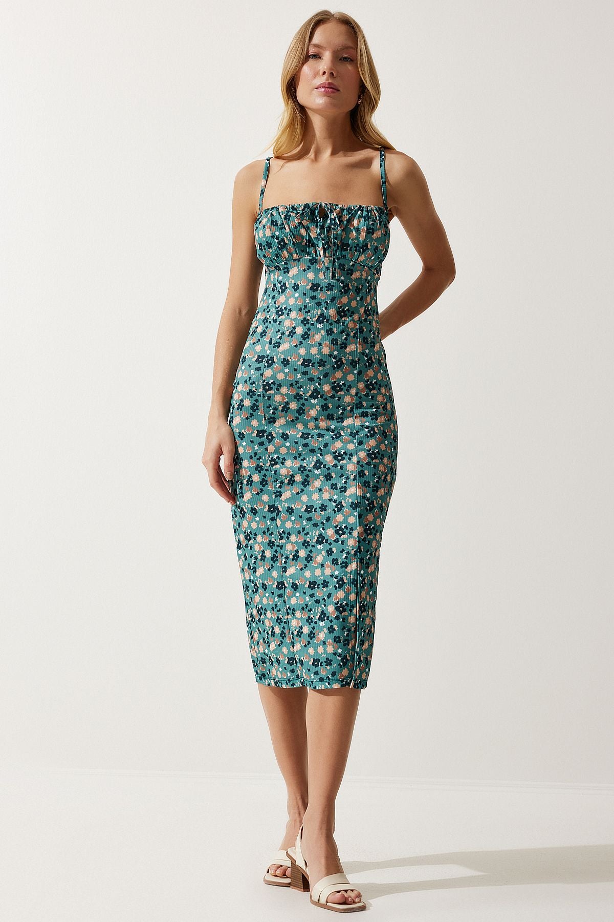 Women's oil green floral slit knitted dress CI00029